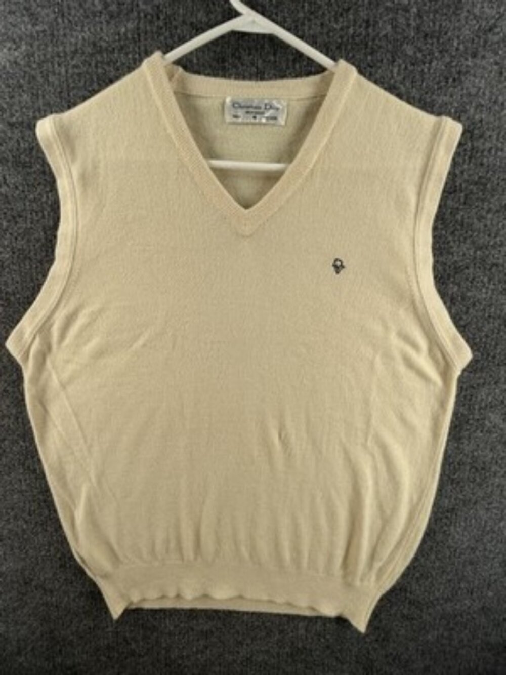 Christian Dior Monsieur USA Sleeveless XL Vest Beige Acrylic Logo V-Neck Mens